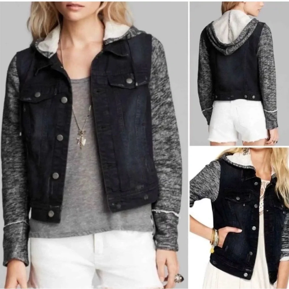 Free People Distressed Mixed Media Denim Jacket Black Sweater Sleeves – M